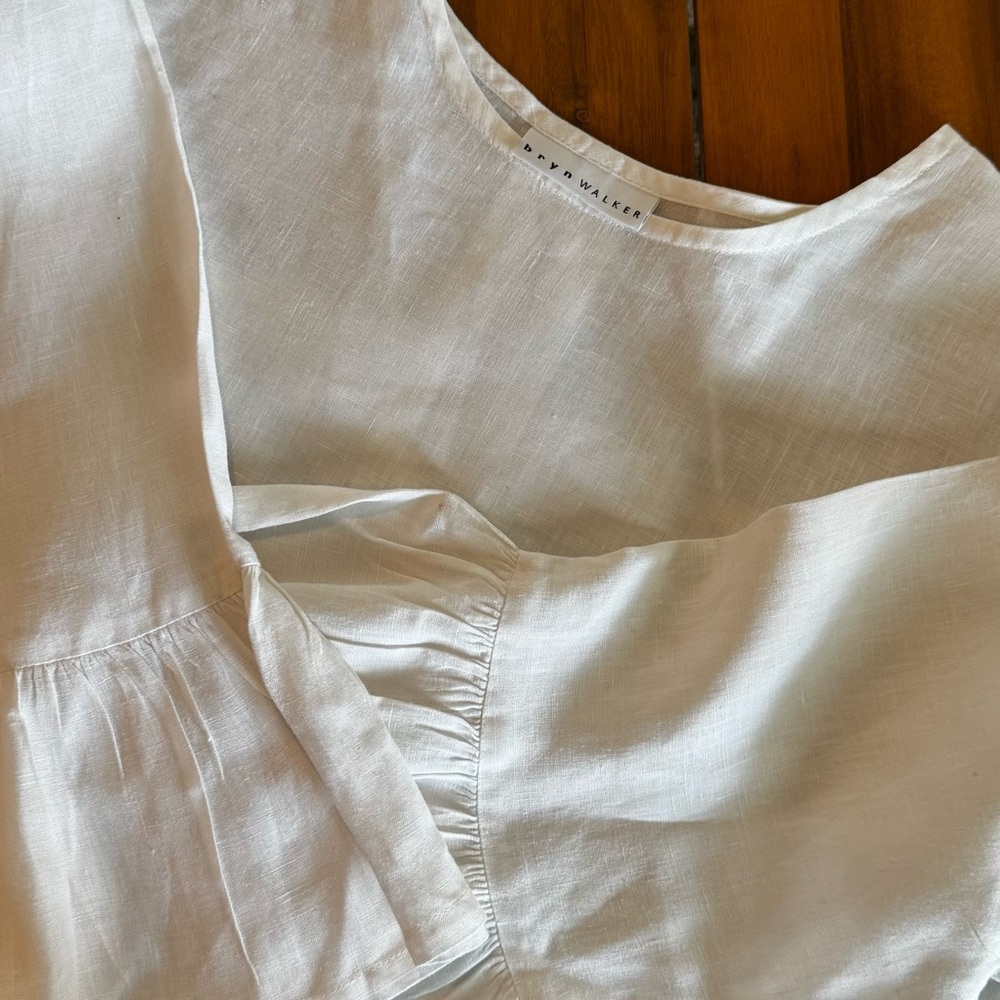 Bryn Walker Linen Round Neck Ruffle 3/4 Bell Sleeve Tunic Top‎ White M 12/14 - Picture 3 of 15
